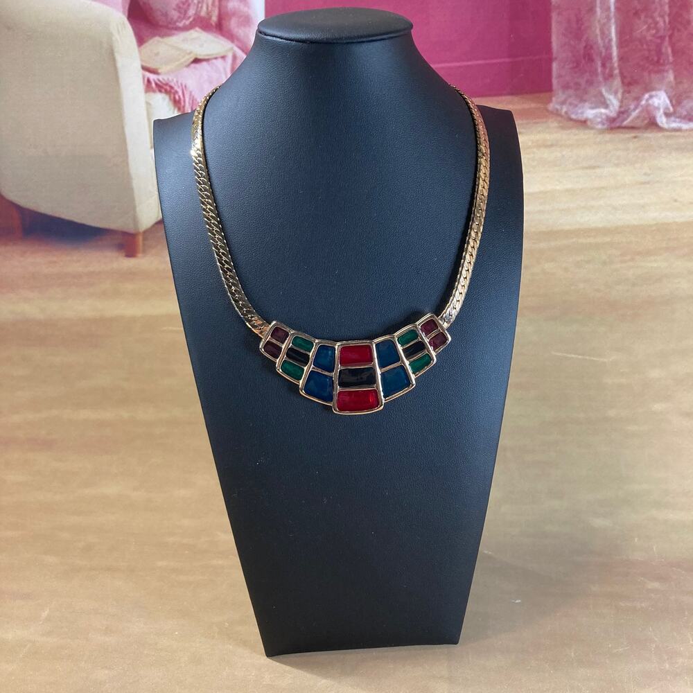 0096 Vintage 80s Gold Tone Geometric Statement Necklace w/Jewel-Tone Color Inlay